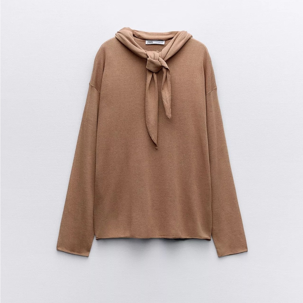 NWT ZARA Basic Knit Linen Blend Scarf Sweater Size S Tan Knit Sweater Tie Neck